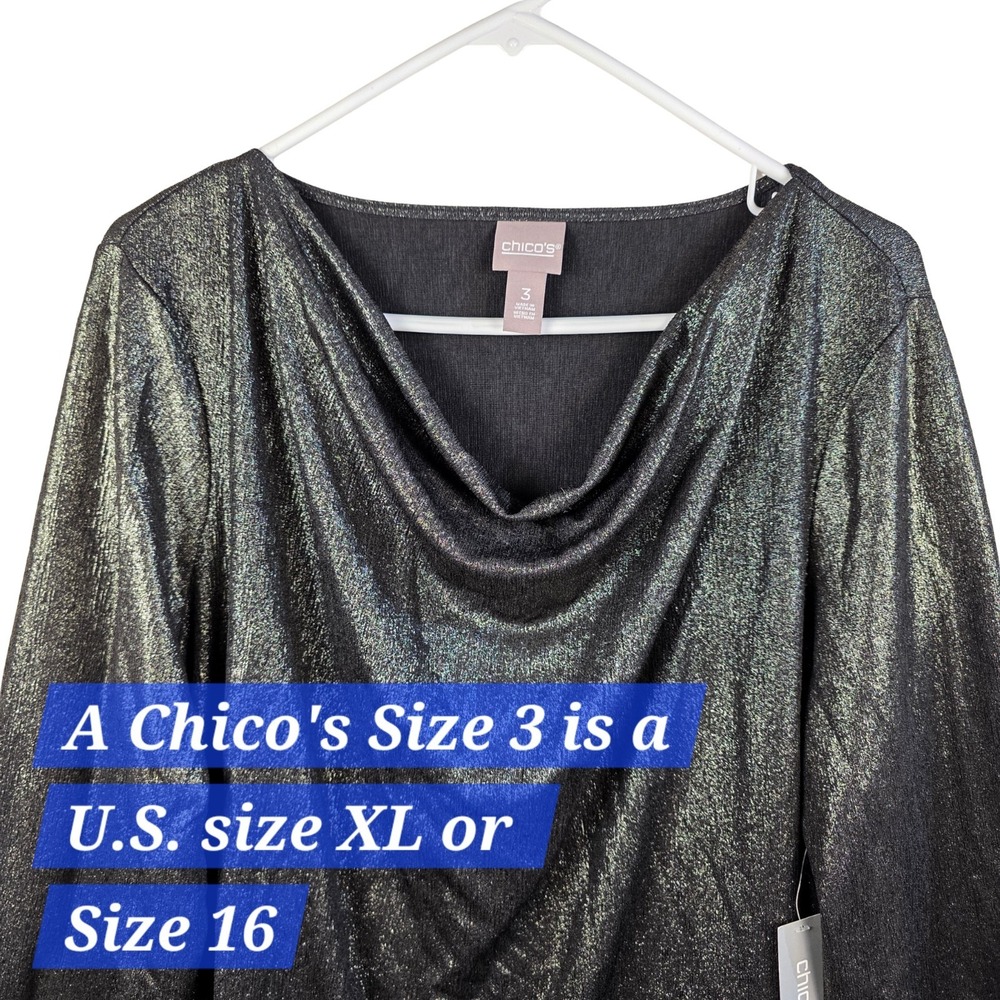 Chicos Top Size XL (Chico's 3) Cowl Neck Shimmer Black Long Sleeve - Picture 3 of 10